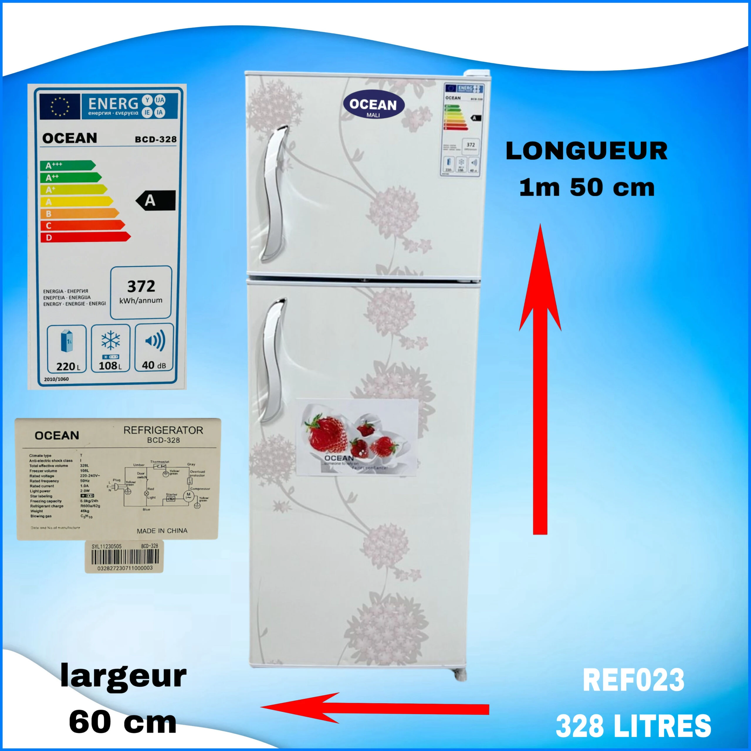 Réfrigérateur 328L Océan – Design Floral Élégant & Éco-énergétique