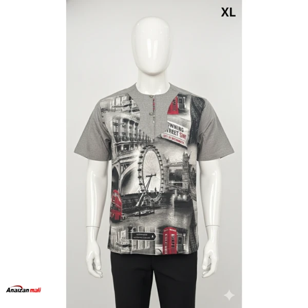 Tunique Homme "London City" – Chemise Manches Courtes Imprimé Urbain (Gris & Rouge)