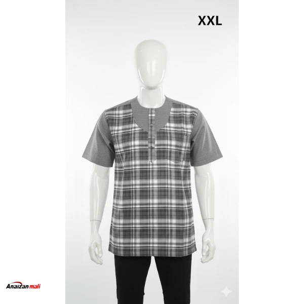 Tunique Homme "Grey Tartan" – Chemise à Carreaux avec Manches Unies & Poche