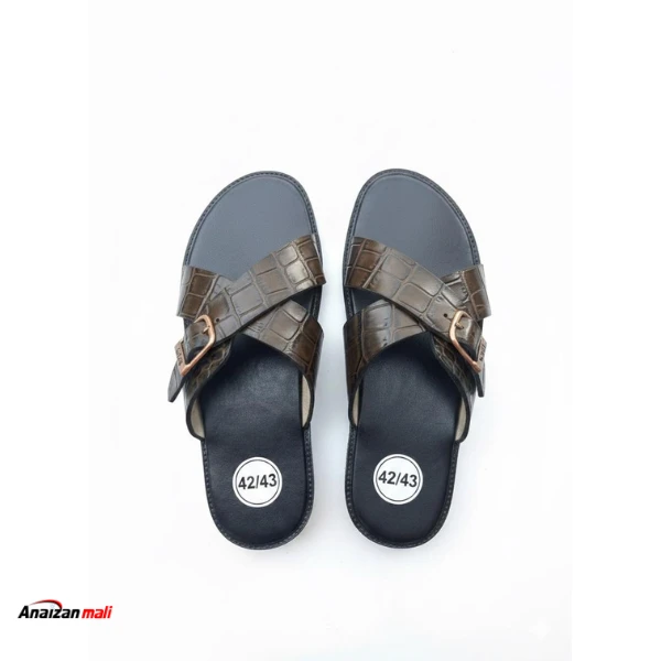 Sandales Mules Homme Marron Olive Texture Crocodile – Brides Croisées & Boucle – Anaizan Mali