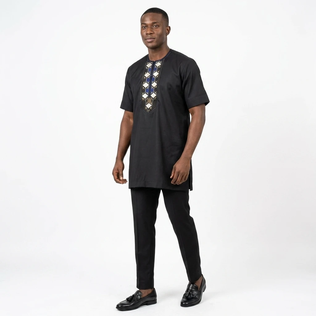 Ensemble Noir & Broderies Géométriques Bleues