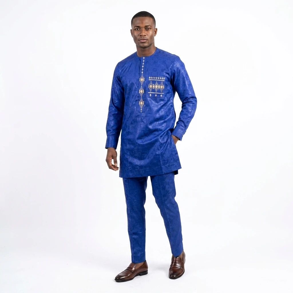 Ensemble Bazin Bleu Roi & Broderies Dorées